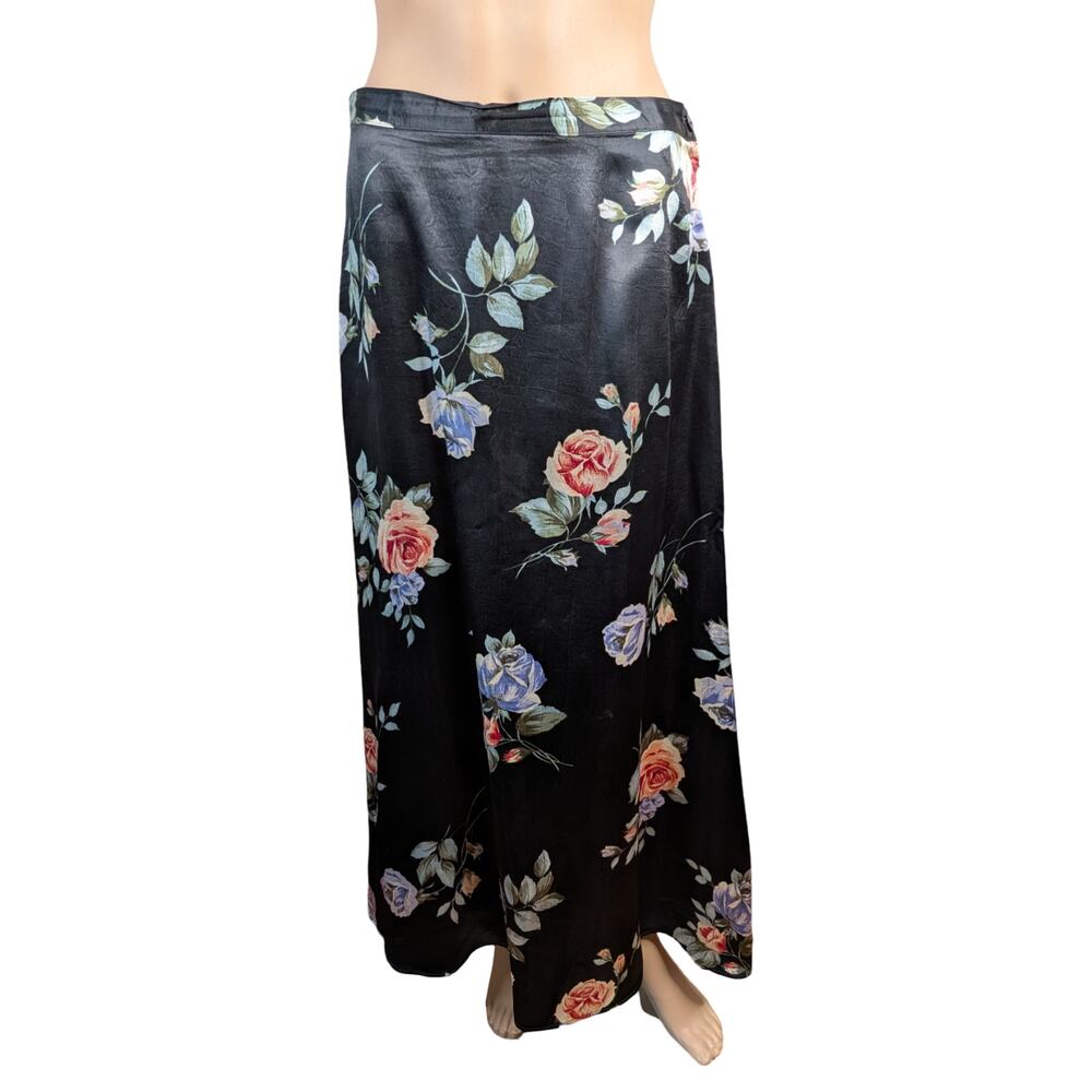 Judy Knapp Vtg 90s Y2K Satin Floral Midi Skirt A-Line Black Rose Whimsigoth M